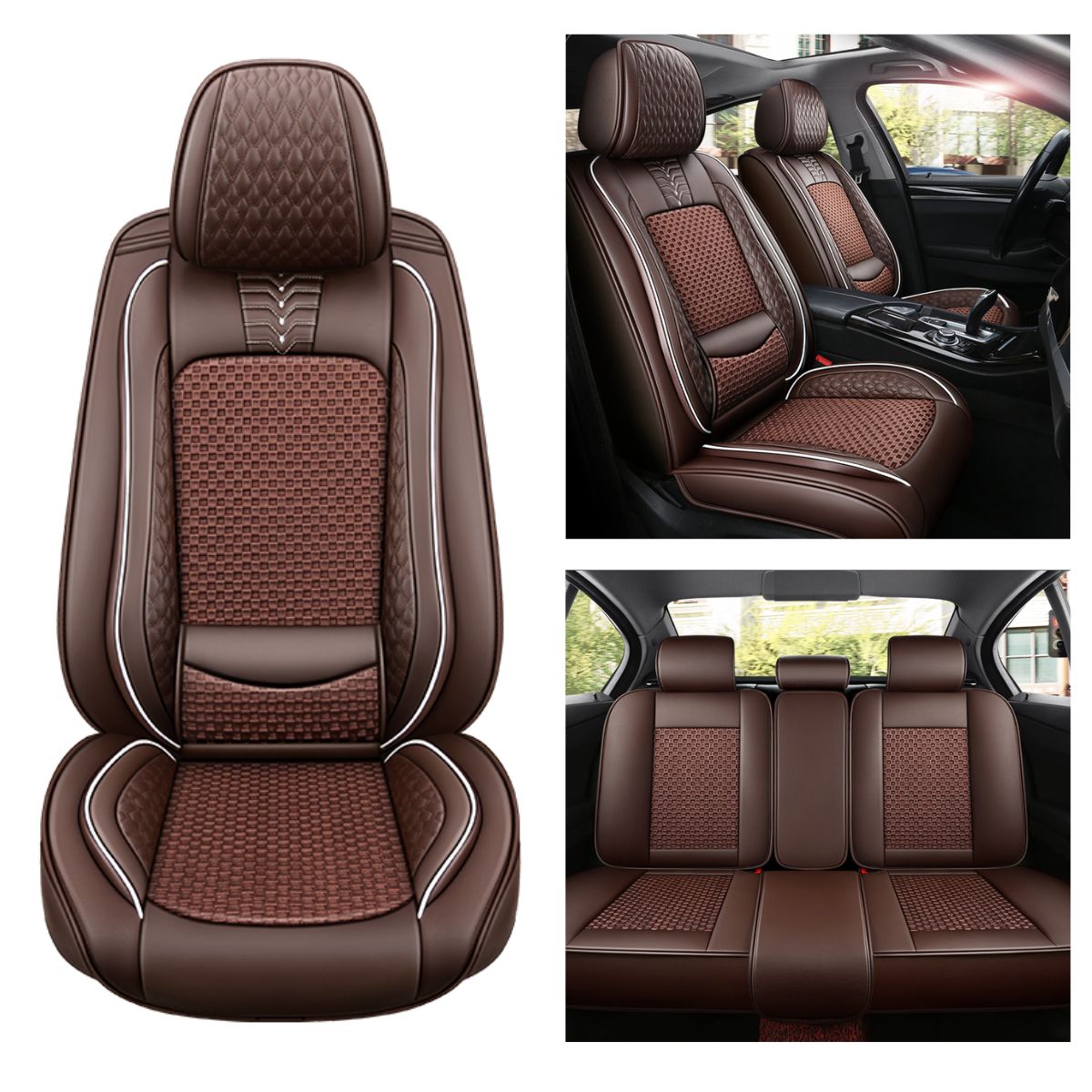 Cooling Fabric and Leatherette Car Seat Covers for 5-Seat Sedan SUV Universal Fit, Checkered Pattern - Image 7