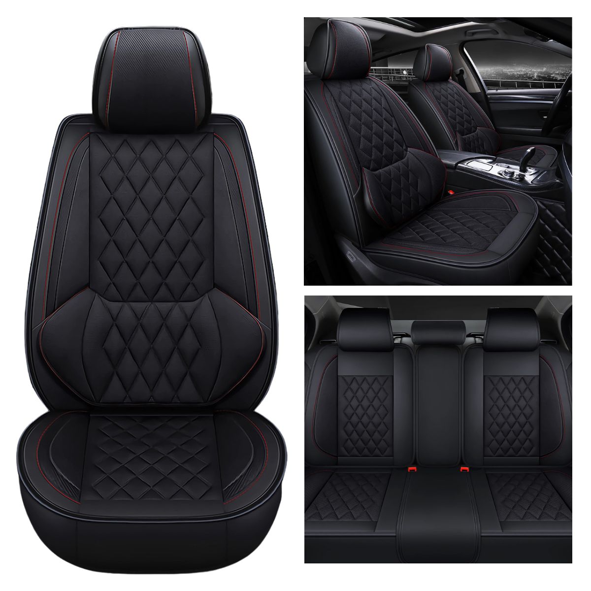 Universal Fit Faux Leather and Linen 5-Seater Car Seat Covers with Diamond Pattern and Integrated Waist Support - Image 9