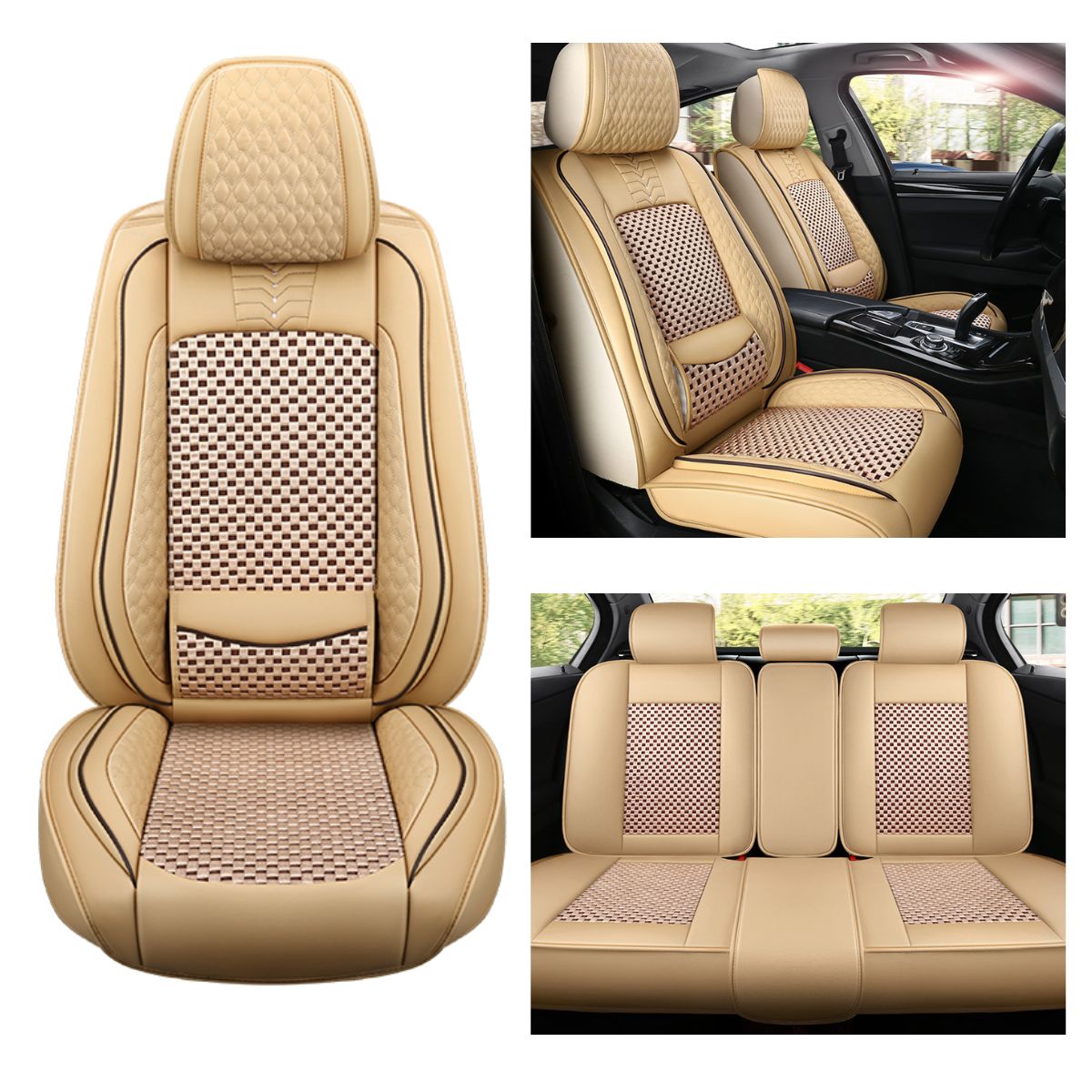 Cooling Fabric and Leatherette Car Seat Covers for 5-Seat Sedan SUV Universal Fit, Checkered Pattern - Image 9