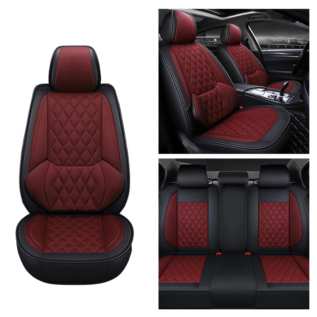 Universal Fit Faux Leather and Linen 5-Seater Car Seat Covers with Diamond Pattern and Integrated Waist Support - Image 8