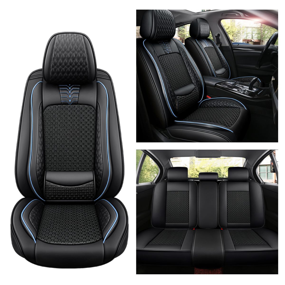 Cooling Fabric and Leatherette Car Seat Covers for 5-Seat Sedan SUV Universal Fit, Checkered Pattern - Image 11