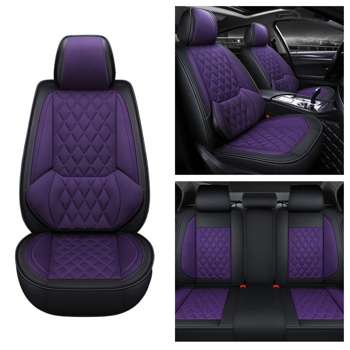 Universal Fit Faux Leather and Linen 5-Seater Car Seat Covers with Diamond Pattern and Integrated Waist Support - Image 7
