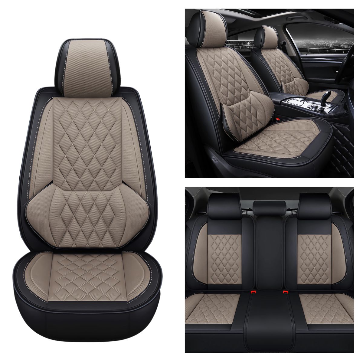 Universal Fit Faux Leather and Linen 5-Seater Car Seat Covers with Diamond Pattern and Integrated Waist Support - Image 6