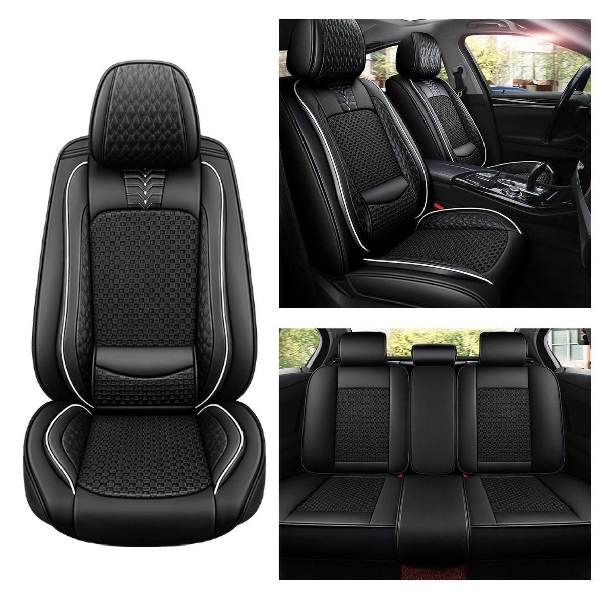 Cooling Fabric and Leatherette Car Seat Covers for 5-Seat Sedan SUV Universal Fit, Checkered Pattern - Image 12