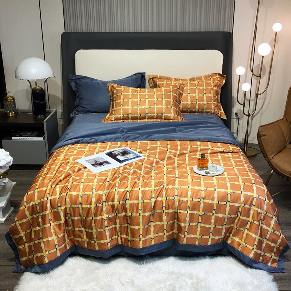 4 PCS Bedding Set Tencel Summer Quilt Set Yellow Plaid Pattern 1 Air Conditioning Quilt 1 Flat Sheet 2 Pillowcases - Image 2