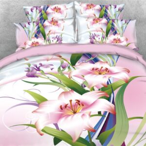 3D Lily 4-Piece Duvet Cover Set Microfiber Bedding Comforter Cover with Zipper Closure and Corner Ties 2 Pillowcases 1 Flat Sheet 1 Duvet Cover Soft Skin-friendly White Pink Blue