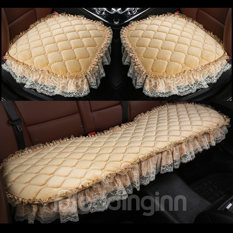 Pure Color Diamond Lattice Pattern Double Lace Decoration Seat Cover - Image 3