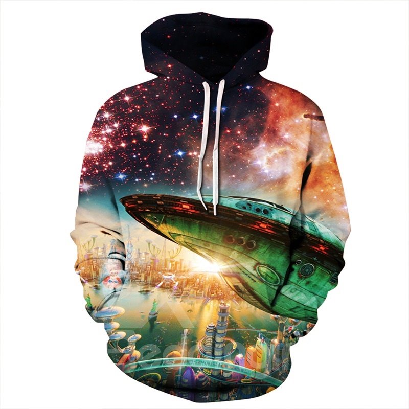 UFO Below the City Long Sleeve 3D Pattern Hoodie - Image 6