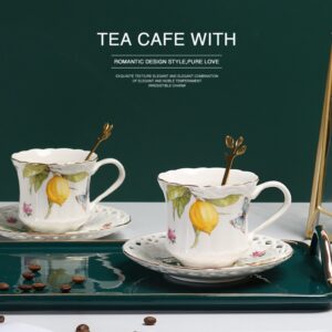 Porcelain Flower Tea Cup and Saucer, Lemon coffee cup and plate set, Afternoon Tea Cup with Gold Trim