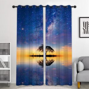 Blue Creative 3D Scenery Curtains Starry Sky and Tree Custom 2 Panels Drapes for Living Room Bedroom Decoration No Pilling No Fading No off-lining Polyester