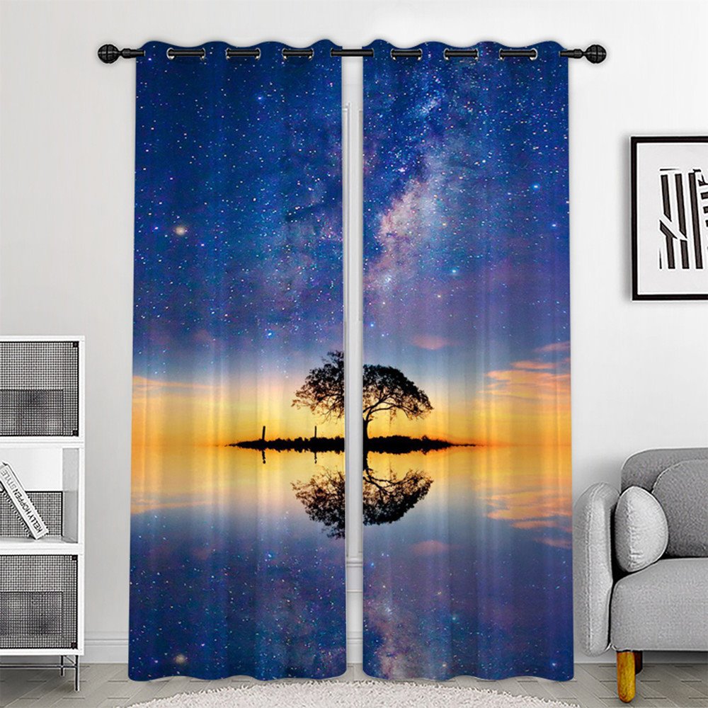 Blue Creative 3D Scenery Curtains Starry Sky and Tree Custom 2 Panels Drapes for Living Room Bedroom Decoration No Pilling No Fading No off-lining Polyester - Image 5