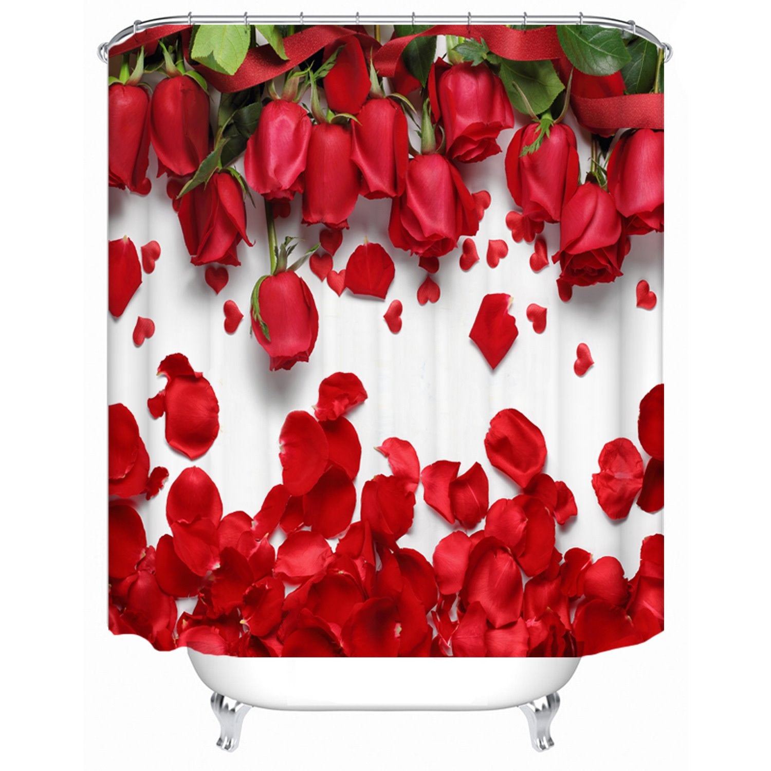Red Rose 3D Floral Shower Curtain Bathroom Partition Curtain Durable Waterproof Mildew Proof Polyester - Image 2