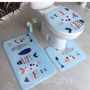 Blue Fish Pattern 3-Piece Flannel PVC Water-Absorption Anti-slid Toilet Seat Covers