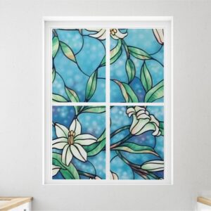 Modern Blue Floral Window Privacy Film Non-Adhesive Static Cling Heat Control Anti UV Non-Adhesiv Window Stickers for Glass Door Home House Ofiice