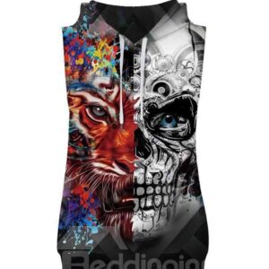 3D Lion&Skull Face Sleeveless Pullover Hooded Men Fashion T-shirt