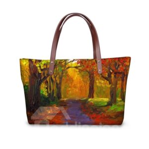Painting Forest Path Maple Leaf Waterproof Sturdy 3D Printed for Women Girls Shoulder HandBags