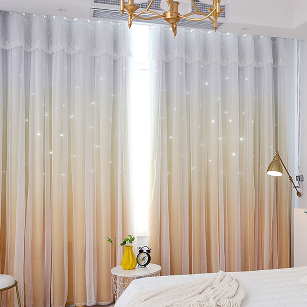 Romantic Princess Color Gradient Star Hollowed-out Custom Blackout Curtain Cloth and Sheer Sewing Together Double Pinch Pleat Curtain - Image 70