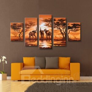 Elephants in Forest and Sunrise Hanging Canvas Waterproof and Eco-friendly 5- Piece Framed Prints