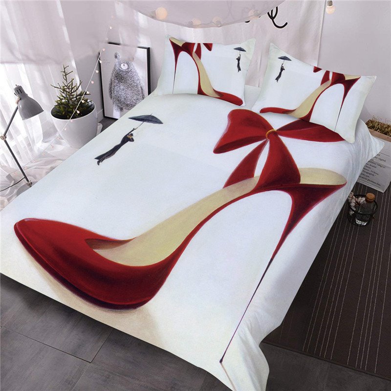Sexy Red Bowknot High-heels Printed 3-Piece Comforter Set 2 Pillowcases 1 Comforter Ultra-soft Microfiber Bedding Set