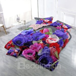 Popular Colorful Flowers 4-Piece 3D Bedding Set/Duvet Cover Set Wear-resistant Breathable High Quality 60s Cotton Purple Red