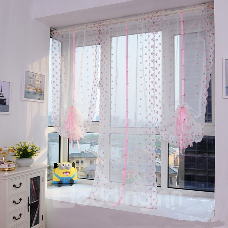 Decoration Pink Flowers Embroidery Silk Sheer Country Style Roman Sheer Shade - Image 6