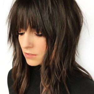 Medium Layered Hairstyles Women's Shaggy Natural Color Straight Synthetic Hair Capless Wigs With Bangs