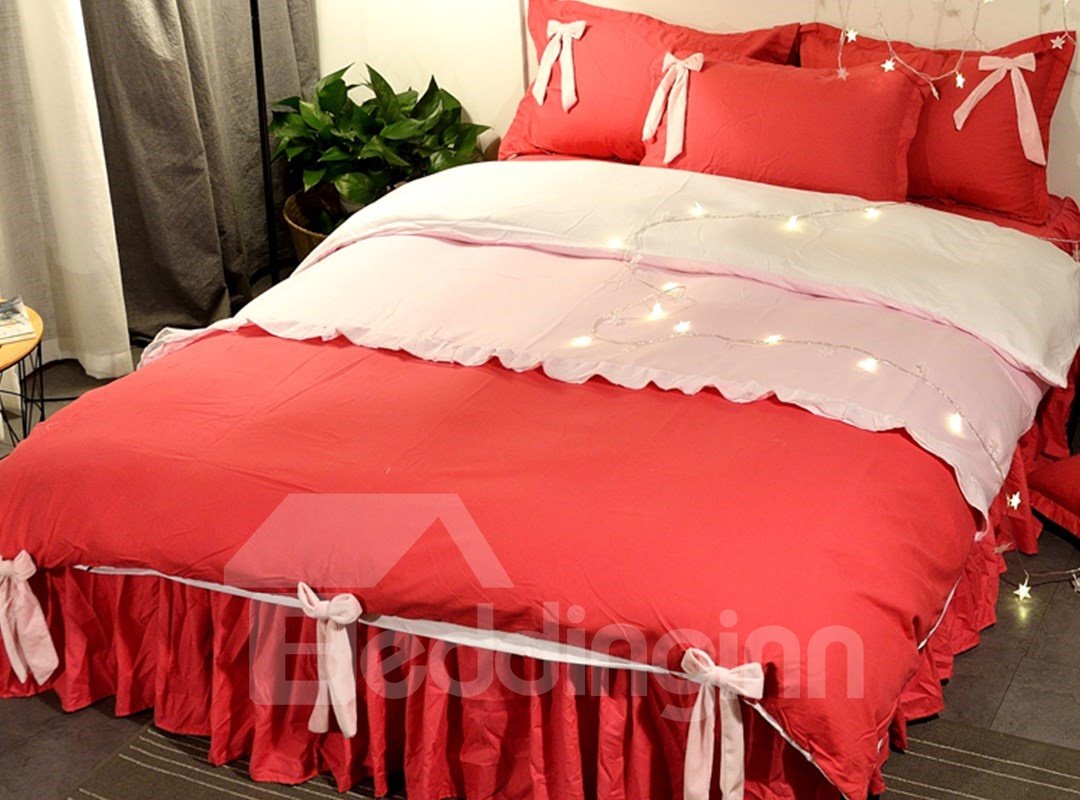 Red Princess Style Cute Bows Decor 4-Piece Girl Bedding Sets/Duvet Cover - Image 2