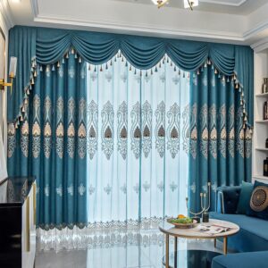 Chenille Blackout Curtains Blue European Luxury Vintage Embroidery Shading Curtains Noble and Elegant for Living Room Bedroom Decoration Custom 2 Panels Drapes