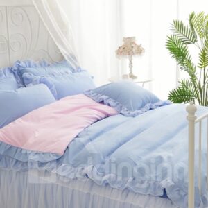 Blue And Pink Lace Simple Style Cotton Girl 4-Piece Bedding Sets/Duvet Cover