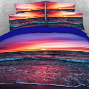 Purple Sunset 4 Piece 3D Sea Scenery Duvet Cover Set Ultra Soft Microfiber Comforter Cover with Zipper Closure and Corner Ties 2 Pillowcases 1 Flat Sheet 1 Duvet Cover