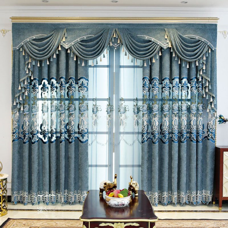 European Floral Embroidered Custom 2 Panels Breathable Blue Sheer Curtains for Living Room No Pilling No Fading No off-lining - Image 6
