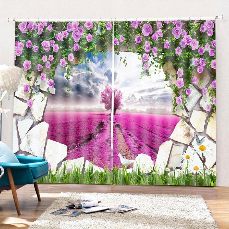 Pink Rose Flowers Curtains Sea of Lavender 3D Floral Themed Curtains Drapes 2 Panel Set for Living Room Bedroom Decoration Window - Image 6