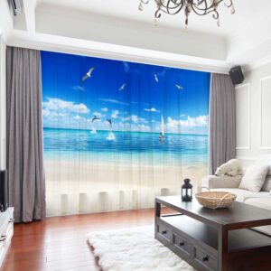 3D Modern Ocean Scenery Printed Decoration 2 Panels Sheer Curtains for Living Room Bedroom 30% Shading Rate No Pilling No Fading No off-lining