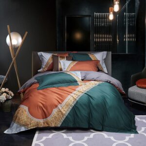 Modern High-end 4 PCS Duvet Cover Set Nylon Cotton Green Orange Color Matching Bedding Set 1 Duvet Cover 1 Flat Sheet 2 Pillowcases Soft Comfortable Durable