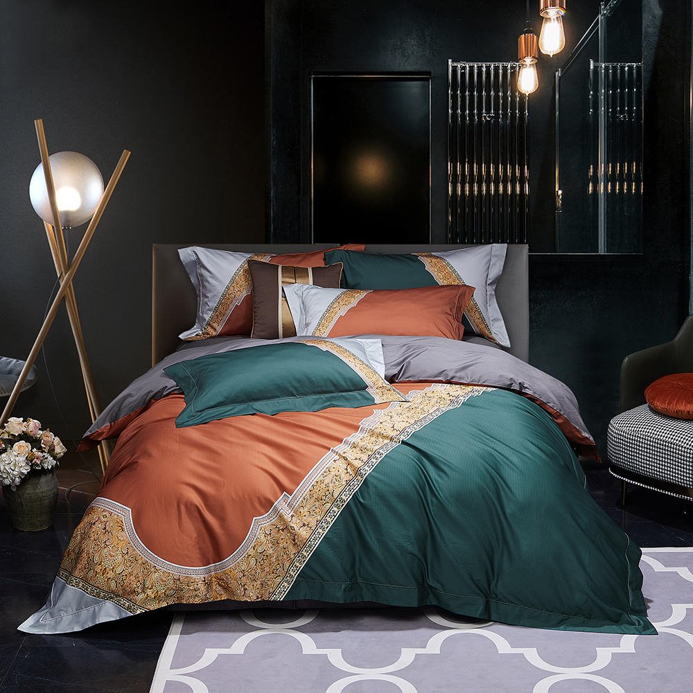 Modern High-end 4 PCS Duvet Cover Set Nylon Cotton Green Orange Color Matching Bedding Set 1 Duvet Cover 1 Flat Sheet 2 Pillowcases Soft Comfortable Durable