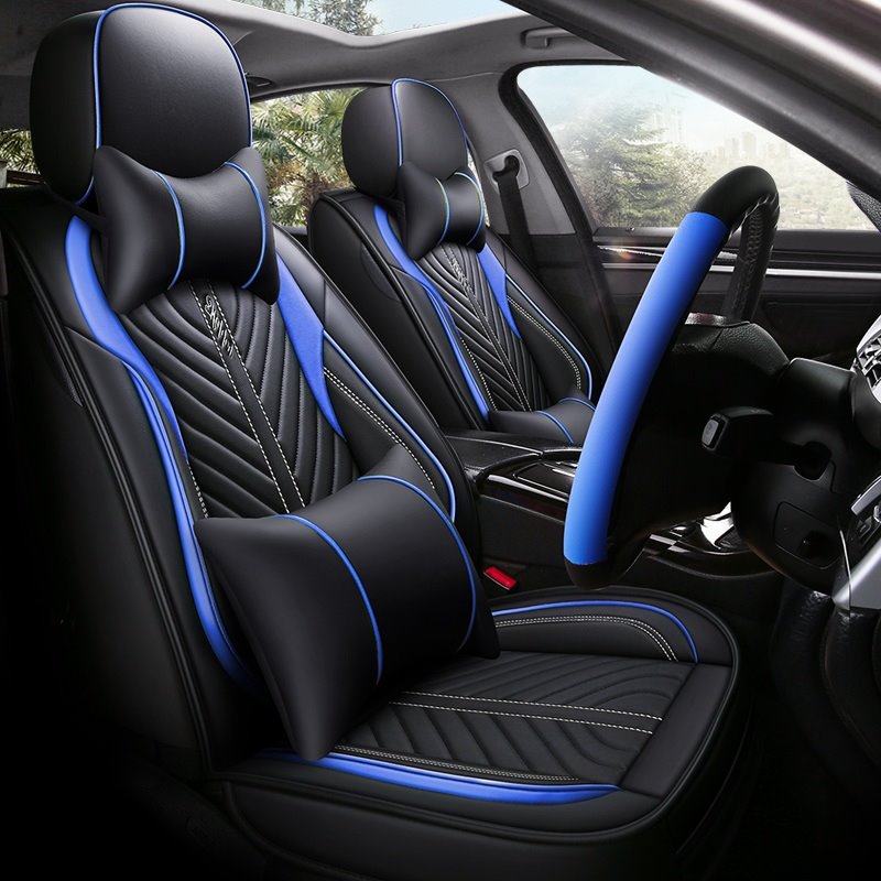 Breathable Wear-resistant PU Leather Wear-resisting Scratch No Peculiar Smell Fresh Breathable Not Stuffy Airbag Compatible 5-seater Universal Fit Seat Covers With Lumbar Pillow*2 Headrest Pillow*2 Steering Wheel Cover*1 Fit for SUV Sedan Truck - Image 4