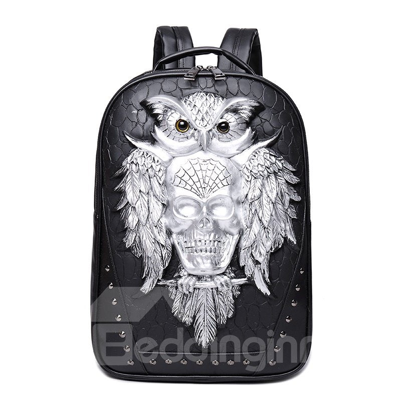 3D Owl and Skull Studded College Backpack PU Leather Shoulder Bag - Image 2