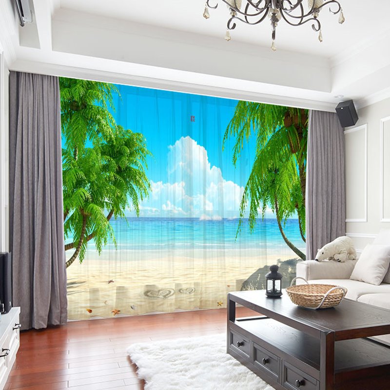 3D Beach Scenery Decoration Sheer Curtains for Living Room 30% Shading Rate No Pilling No Fading No off-lining - Image 3