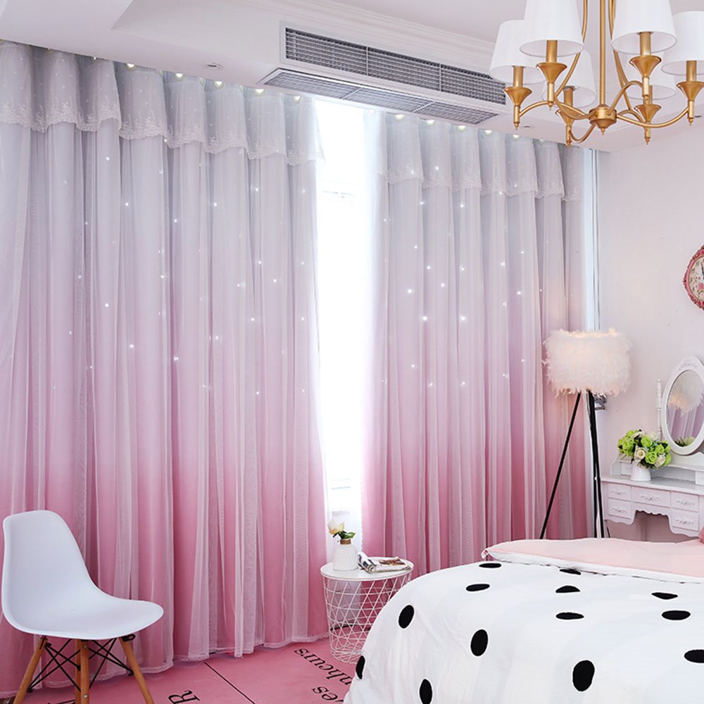 Romantic Princess Color Gradient Star Hollowed-out Custom Blackout Curtain Cloth and Sheer Sewing Together Double Pinch Pleat Curtain - Image 80
