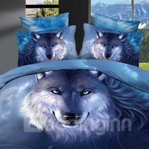 3D Oil Painting Wolf 4-Piece Blue Animal Bedding Set/Duvet Cover Set Soft Microfiber Blue