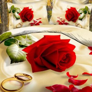 US Only 3D Red Rose Printed 4-Piece Duvet Cover Set Golden Rings Bedding Set All-Season Ultra-soft Microfiber