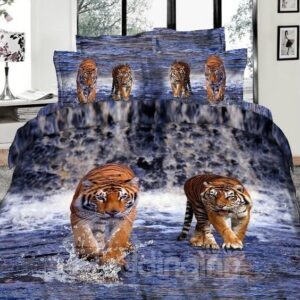 US Only 3D Tiger Walking in Waterfalls Printed 4-Piece Bedding Set/Duvet Cover Set