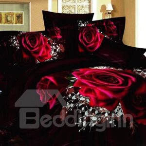 3D Red Roses with Baby Breath Printed Cotton 4-Piece Black Bedding Sets