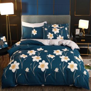 Modern 3 PCS Duvet Cover Set Blue Flowers Polyester Bedding Set 1 Pillowcase 1 Duvet Cover 1 Flat Sheet