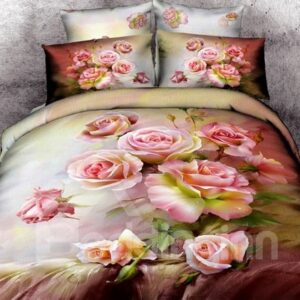 3D Cluster of Pink Roses Printed Cotton 4-Piece Bedding Sets/Duvet Covers