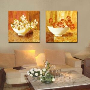16¡Á16in¡Á2 Panels Yellow Background with Flowers in Bowl Printed Framed Wall Prints