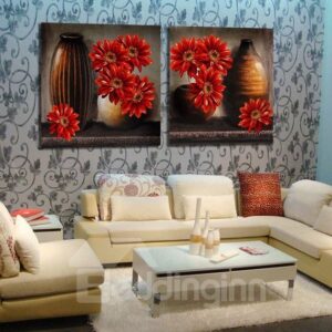 New Arrival Oil-painting Style Lovely Daisy and Pottery Print 2-piece Cross Film Wall Art Prints