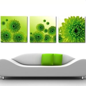 16¡Á16in¡Á3 Panels Green Chrysanthemum Flowers Hanging Canvas Waterproof Eco-friendly Framed Prints