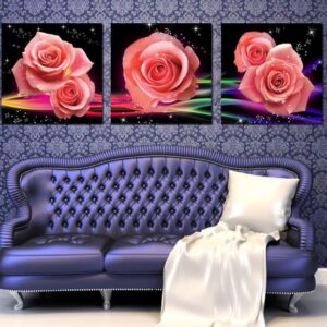 16¡Á16in¡Á3 Panels Pink Roses Hanging Canvas Waterproof and Eco-friendly Framed Prints