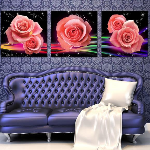16¡Á16in¡Á3 Panels Pink Roses Hanging Canvas Waterproof and Eco-friendly Framed Prints